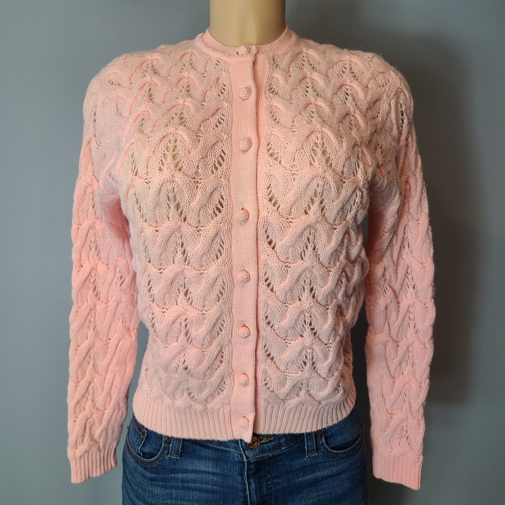 Vtg 1950s Sweater Pink Cardigan Wool Womens XS Coquette Hand Knit Dainty Retro